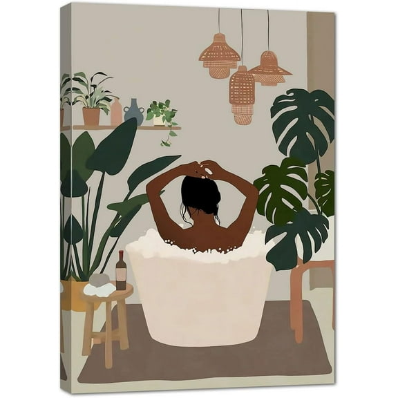 Aaheei Boho Wall Art - Black Women Art, Black Girl Bathroom Canvas Print, African American Girl Boho Bathroom Poster