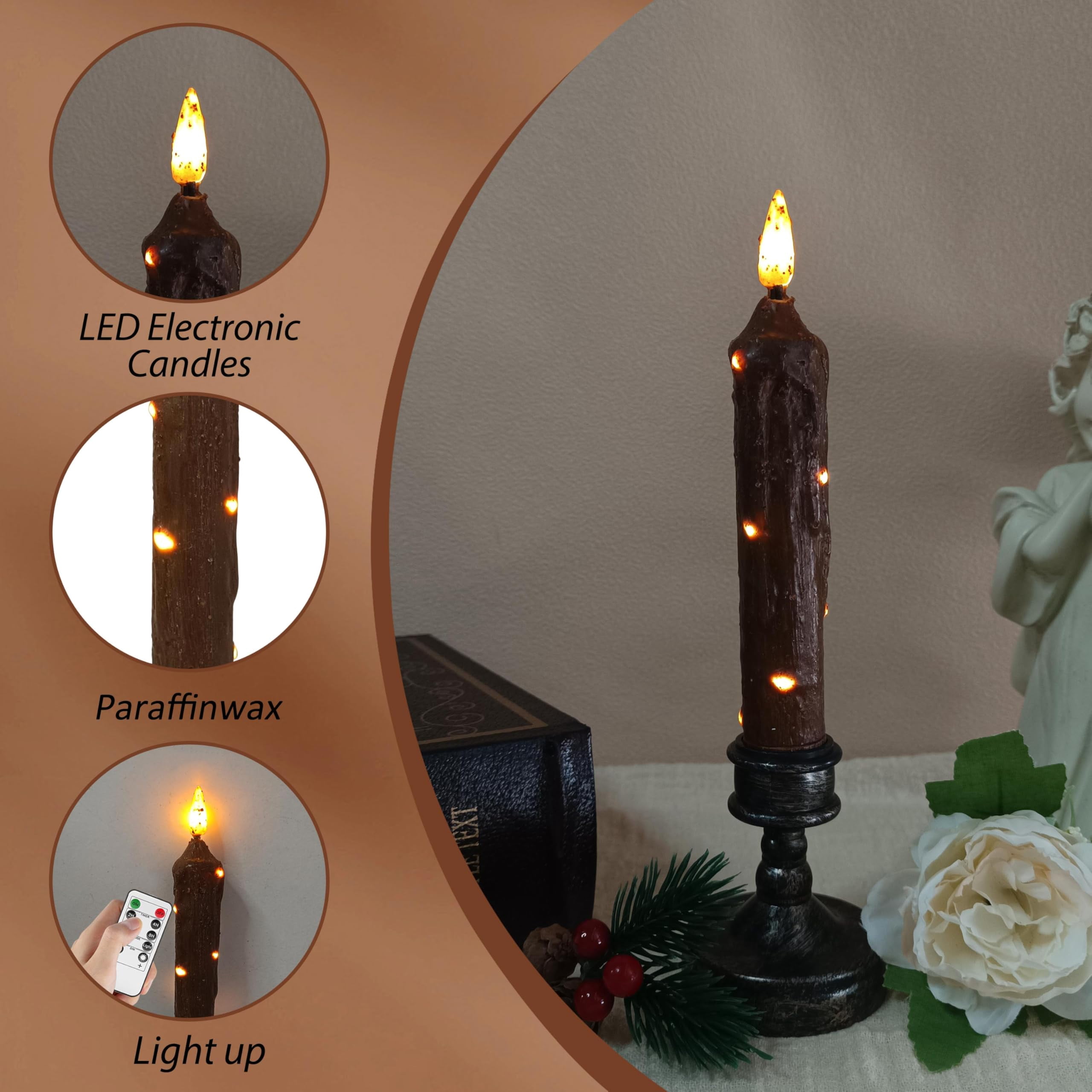 FCMSHAMD 6.5 Inches Primitive Real Wax LED Short Flameless Candles Hand Dipped Battery Operated Taper Candle with Timer Remote for Vintage Rustic Home Decor