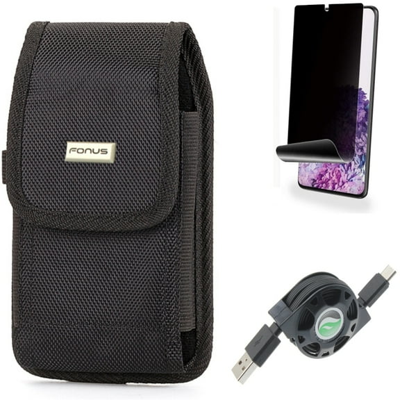 Privacy Screen Protector w USB Cable w Case Belt Clip for Samsung Galaxy S20 Plus - TPU Film [NOT GLASS] [Fingerprint Works], Retractable Type-C Charger, Rugged Holster Canvas fits Galaxy S20 Plus