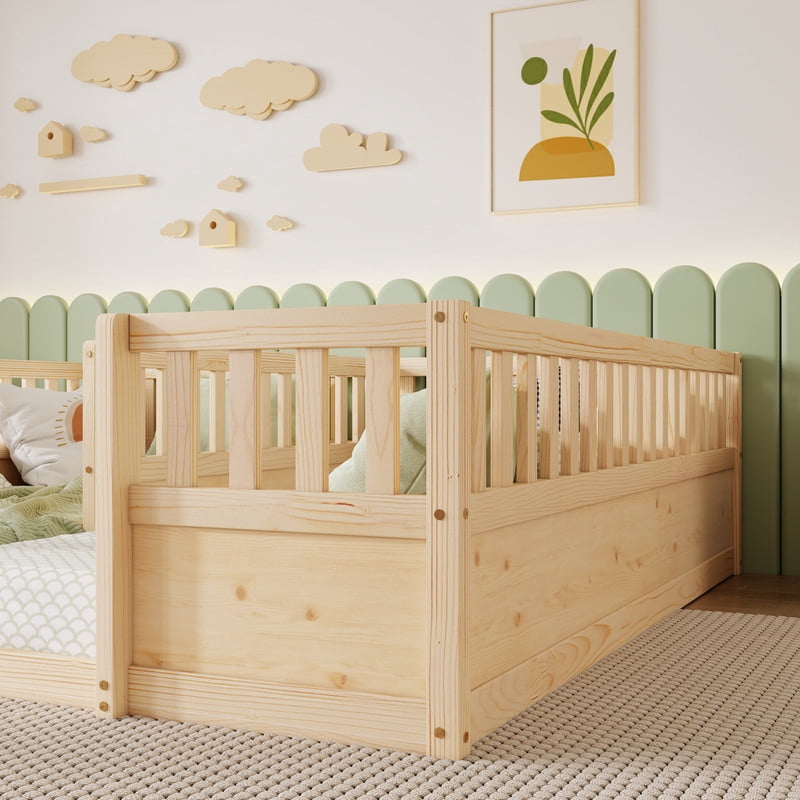 Twin Size Horizontal Floor Bunk Bed Frame with Semi-Enclosed Safety Guardrails, Wood Low Profile Kids Bed with Open Entrance
