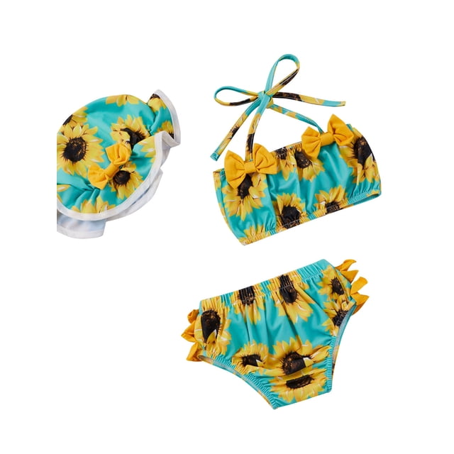 Fortune Newborn Girl Sunflower Swimsuit Ruffles Belt Strapless Tops Shorts Hat 3 Piece Swimwear