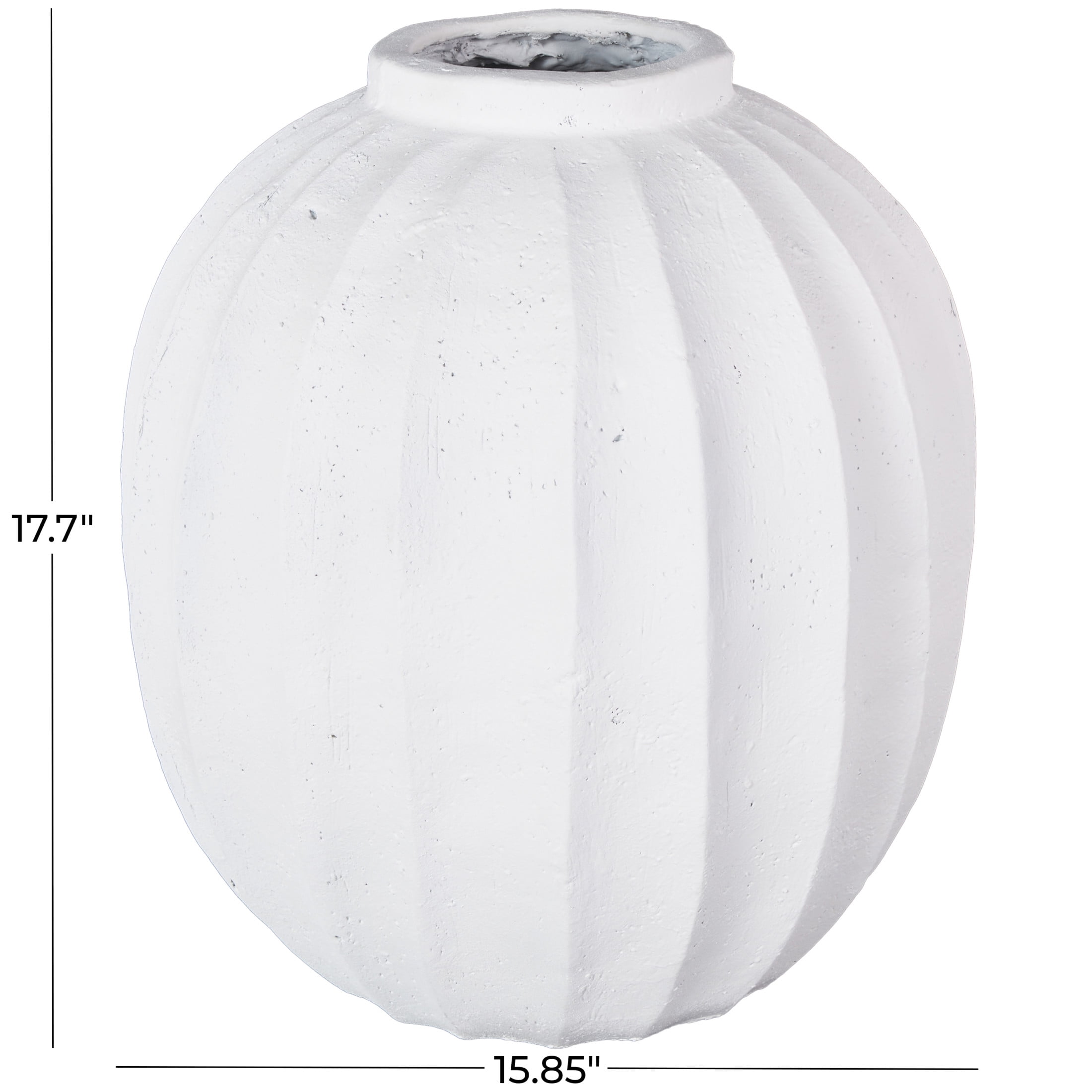 DecMode 18" Wide White Magnesium Oxide Vase with Carved Grooves