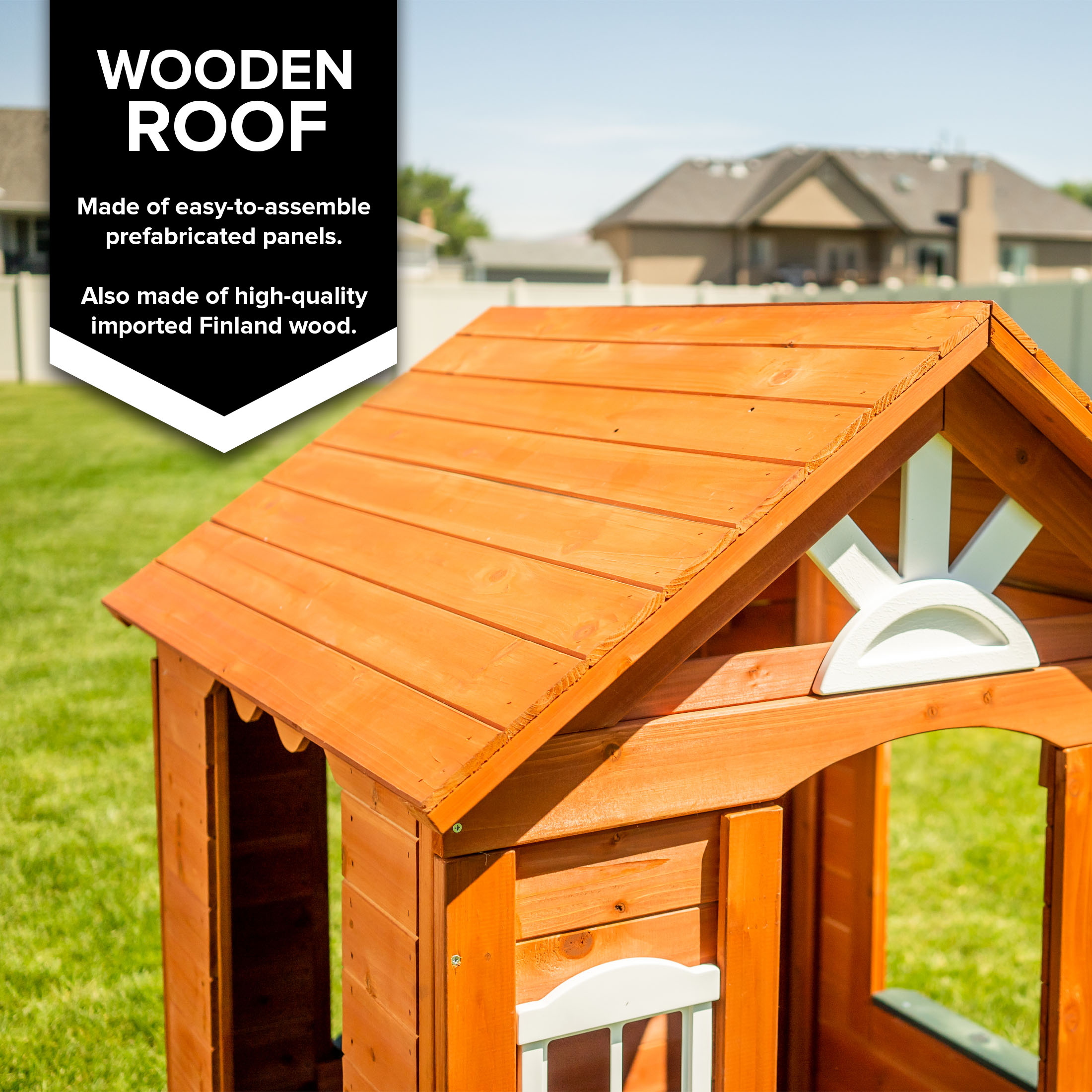Sportspower Bellevue Kids Wooden Playhouse with Fun Colored Working Front Door, White Trim Windows, and Flower Pot Holders - image 9 of 13