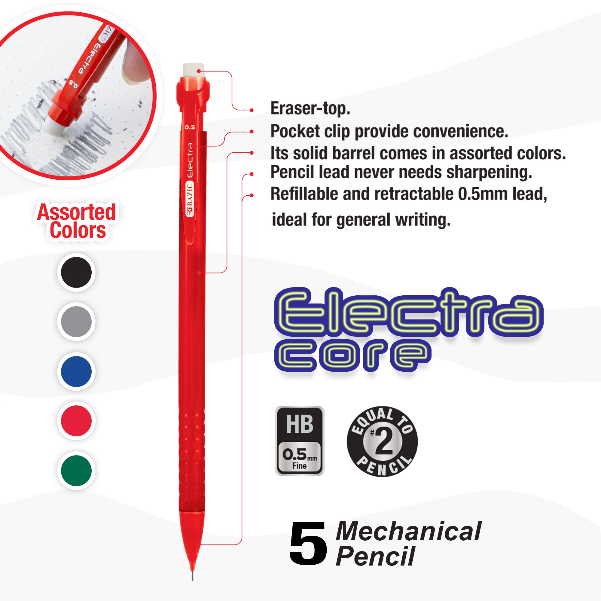 BAZIC Mechanical Pencil Electra Core 0.5mm, Latex Free Eraser (5/Pack), 24-Packs