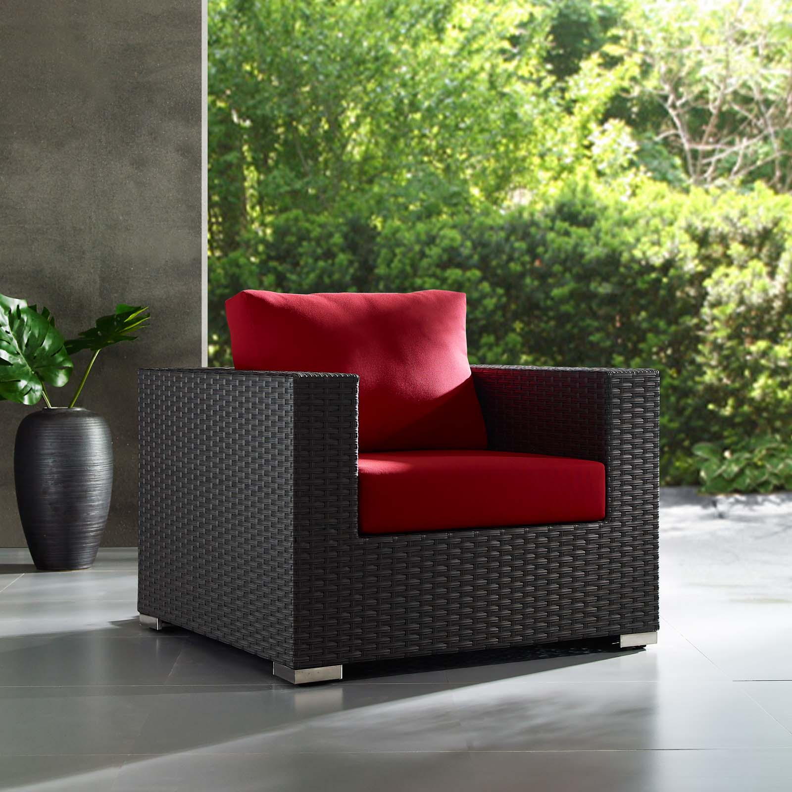 Modern Contemporary Urban Design Outdoor Patio Balcony Garden Furniture Lounge Chair Armchair, Sunbrella Rattan Wicker, Red - image 4 of 4