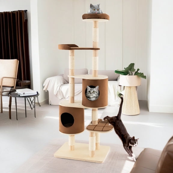 Demi Bonn 75" Modern Cat Tree Tower for Indoor Cats, 6-level Large Wood Cat Condo with Scratching Post and Removable Pads for Small Large Cats, Brown