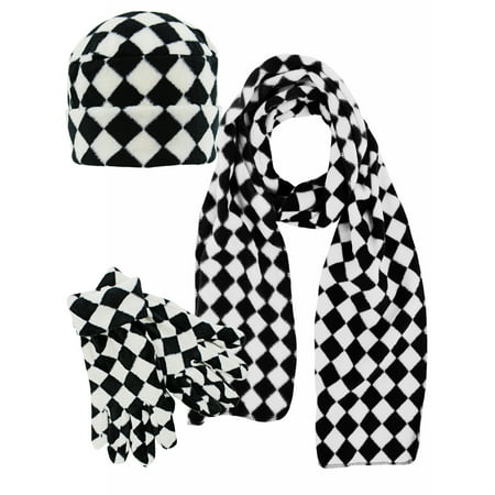 Black and White Checkered Fleece Hat Scarf Gloves Set