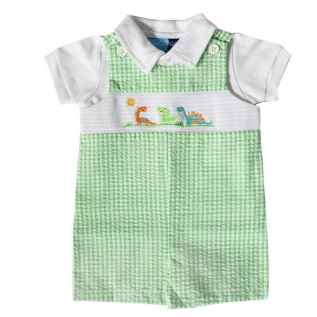 - Good Lad Newborn/Infant Boy Green Smocked Seersucker Shortall Set with Animal Embroideries