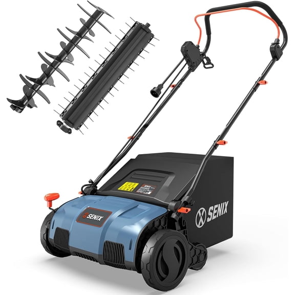 Senix 15-Inch 13 Amp 2-in-1 Corded Lawn Dethatcher, Scarifier with 13.2-Gal Collection Bag, 5-Position Depth Adjustment Electric Powered Tool,Can Fold