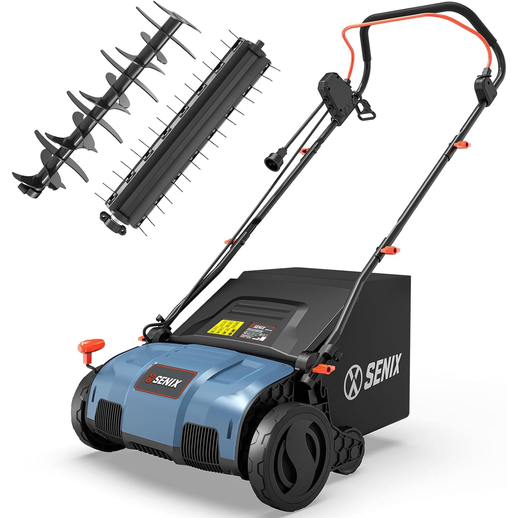 Senix 15-Inch 13 Amp 2-in-1 Corded Lawn Dethatcher, Scarifier with 13.2-Gal Collection Bag, 5-Position Depth Adjustment Electric Powered Tool,Can Fold