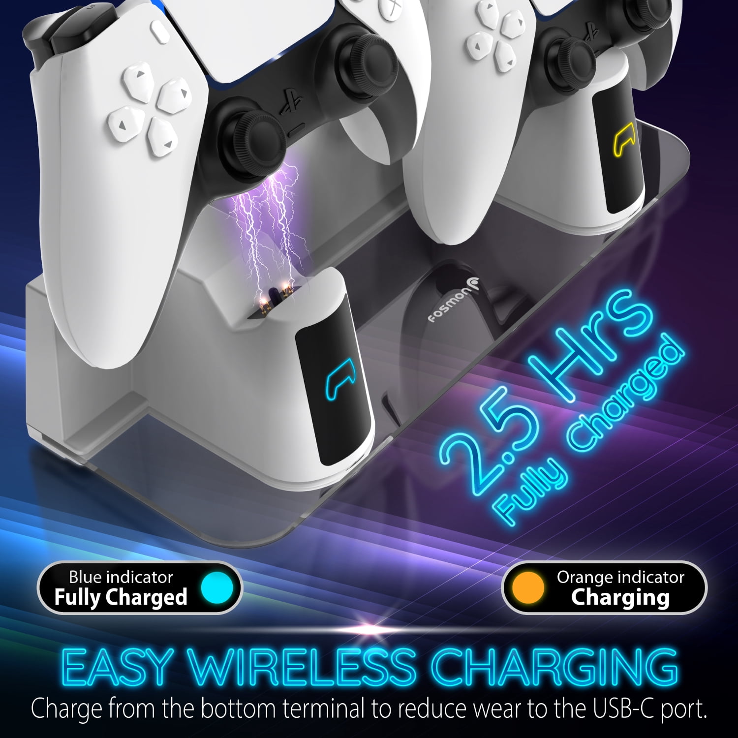 Fosmon PS5 Wall Mount Kit with Charging Station, Solid Metal with Strong Anchors, Detachable Dual Controller Chargers with RGB LED Light for PlayStation 5 and PS5 Slim (Disc & Digital Edition), White