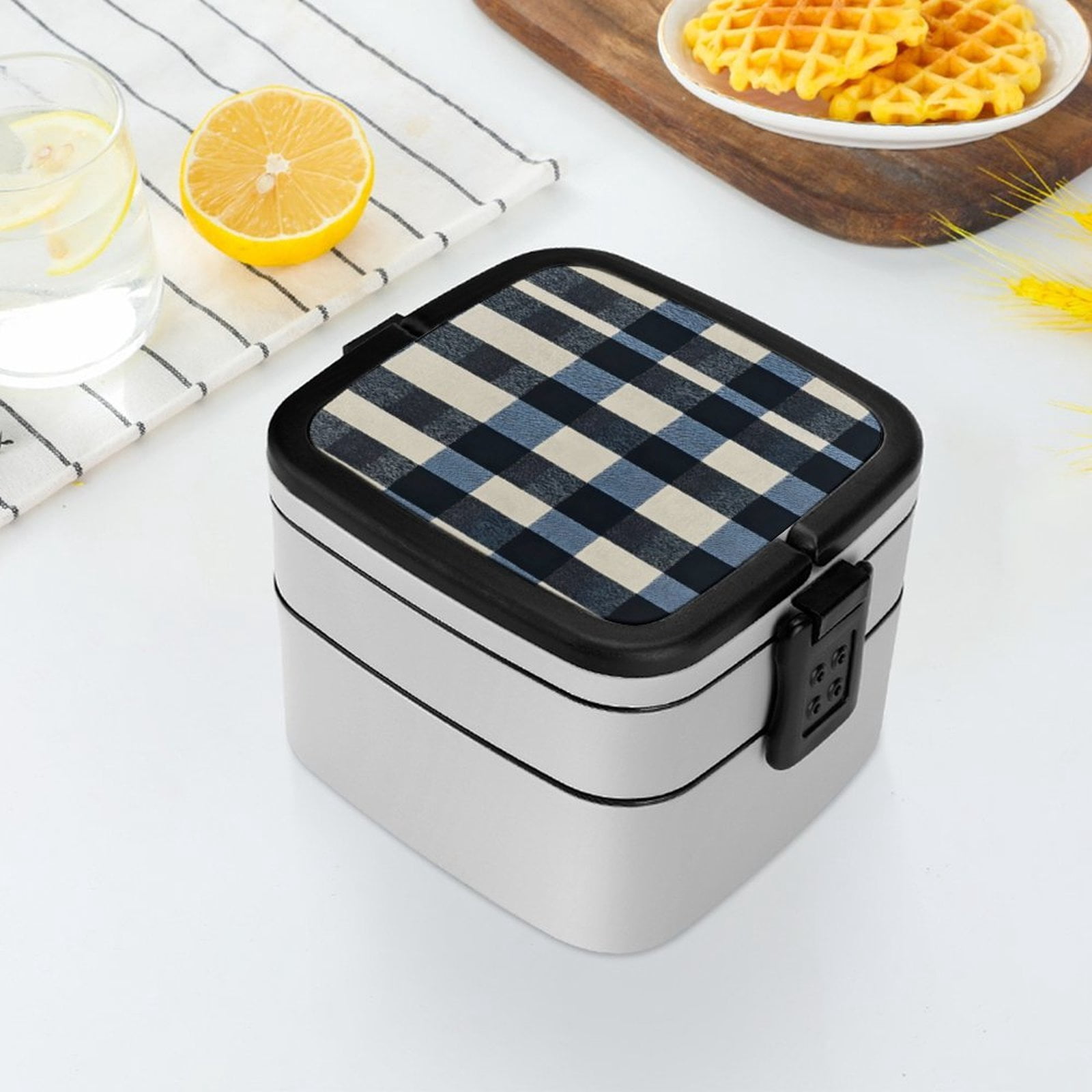 5.3×4.3in Double-Layer Bento Box Sealing Leakproof Partition Design Buckle Design Convenient Switch With Handle SlateBlue Buffalo Plaid Check Tartan Scotland_1
