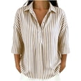 thumbnail image 3 of VBVC Women's Striped 3/4 Sleeve Blouse , Ladies' Casual Button Down Tunic , Loose Fit V Neck Summer Shirt For Women, Brown , S-2XL, 3 of 8
