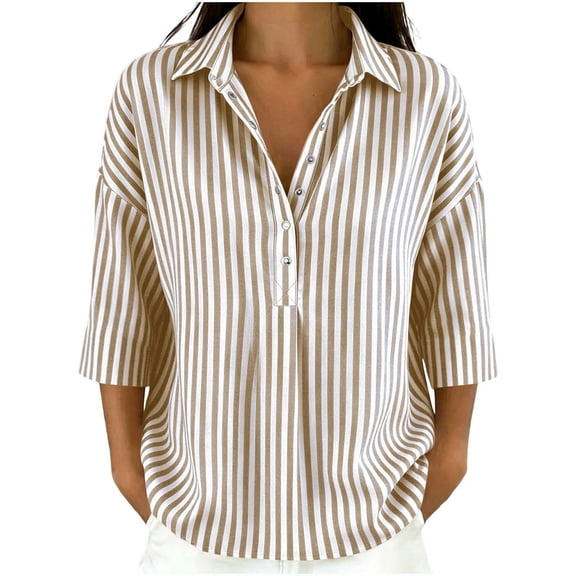 Maplenight Blouses for Women 3/4 Sleeve Collared Half Button Striped Shirts Casual Work Office Vacation Tops