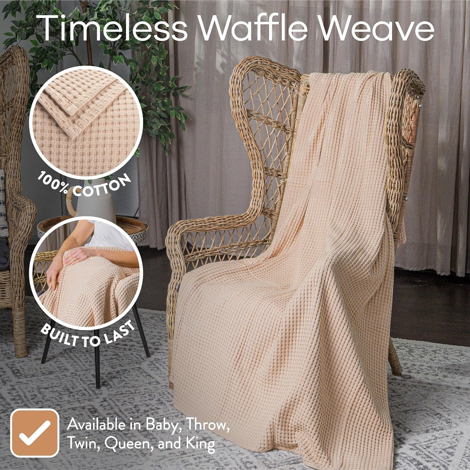 Comfy Cubs 100% Cotton Waffle Weave Blanket - Soft Lightweight Blankets (Blush, 90" X 66")
