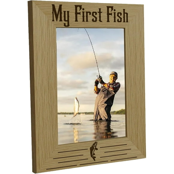 Fishing Photo Frame My First Fish Picture Frame Wood Engraved Picture Holder Memorial Tabletop Keepsake Suit 4"x6" Photo Friendship Gifts for Hanging Wall Family Friends Desk Decor 6x8 Inch