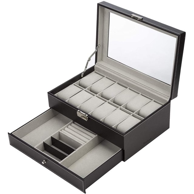 Watch Box-12 Slots Mens Watch Organizer Faux Leather Jewelry Display Pillow Case, Collection Jewelry Box Storage, with Glass Jewelry Drawer for Storage and Display