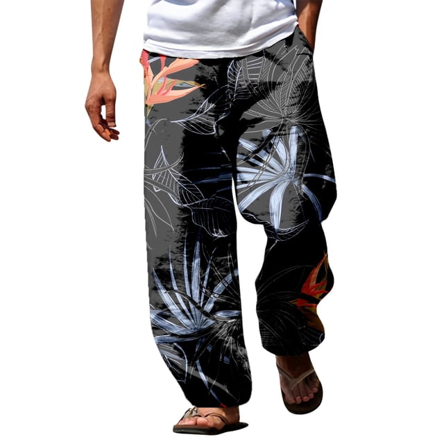 WEAIXIMIUNG Thermal Pants Men Work Male Summer Breathable Linen Like Trousers All Print Printed Tether Wide Leg Pants
