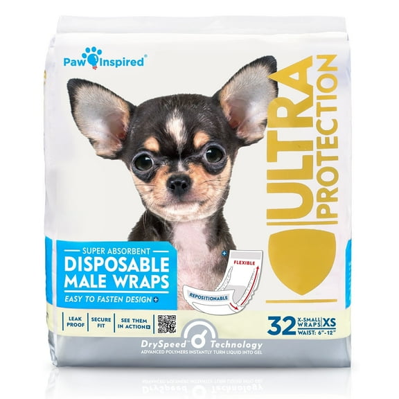 32ct Paw Inspired Disposable Male Dog Wraps Belly Bands|Super Absorbent Leak-Proof for Excitable Urination, Incontinence and Male Marking (X-Small)