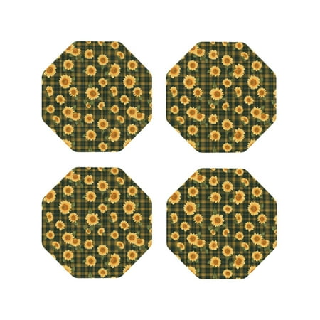 

Junzan Black Ink Green Plaid Sunflower Print Coasters for Drinks - Leather Coasters Set of 4 for Coffee Table for Housewarming/Kitchen/Bar/Decor-Octagon