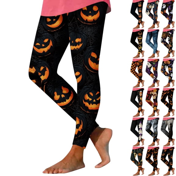 Danhjin Halloween Leggings for Women Print Stretchy High Waist Slim Graphic Yoga Pants Casual Workout Gym Running Comfy Soft Trousers
