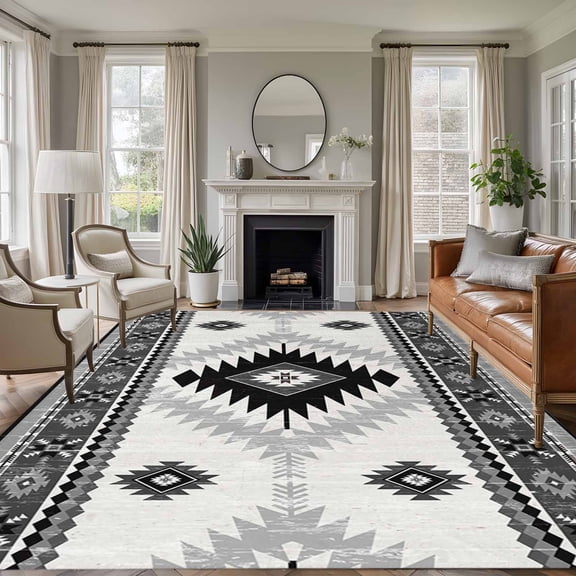 Area Rug for Living Room, Black Beige Boho Non-Slip Indoor Large Carpet for Bedroom/Dining Room, Vintage Ethnic Tribal Southwestern Washable Low-Profile Rectangle Floor Runner Rugs - 6 x 9 Ft
