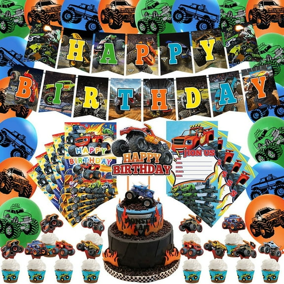 New 5 Pcs/Set Monster Trucks Theme Birthday Party Decoration Supplies | Invitation Card Balloon Banner Cake Toppers Cards Set