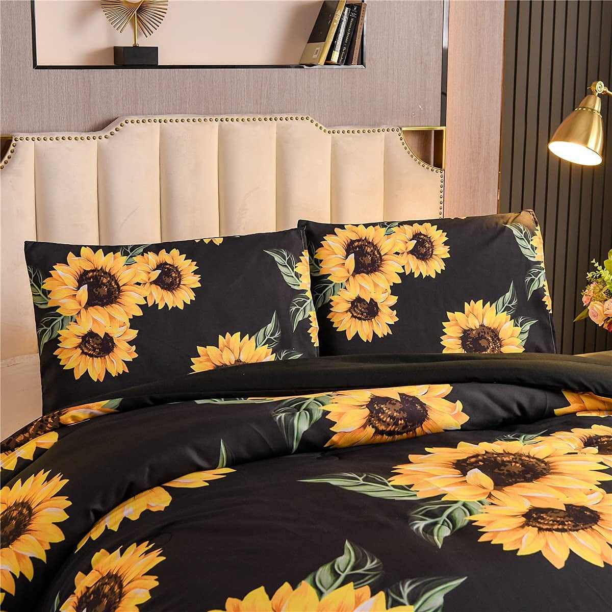 NTBED Black Sunflowers Comforter Set Queen Yellow Floral Botanical 3-Pieces Microfiber Bedding Quilt