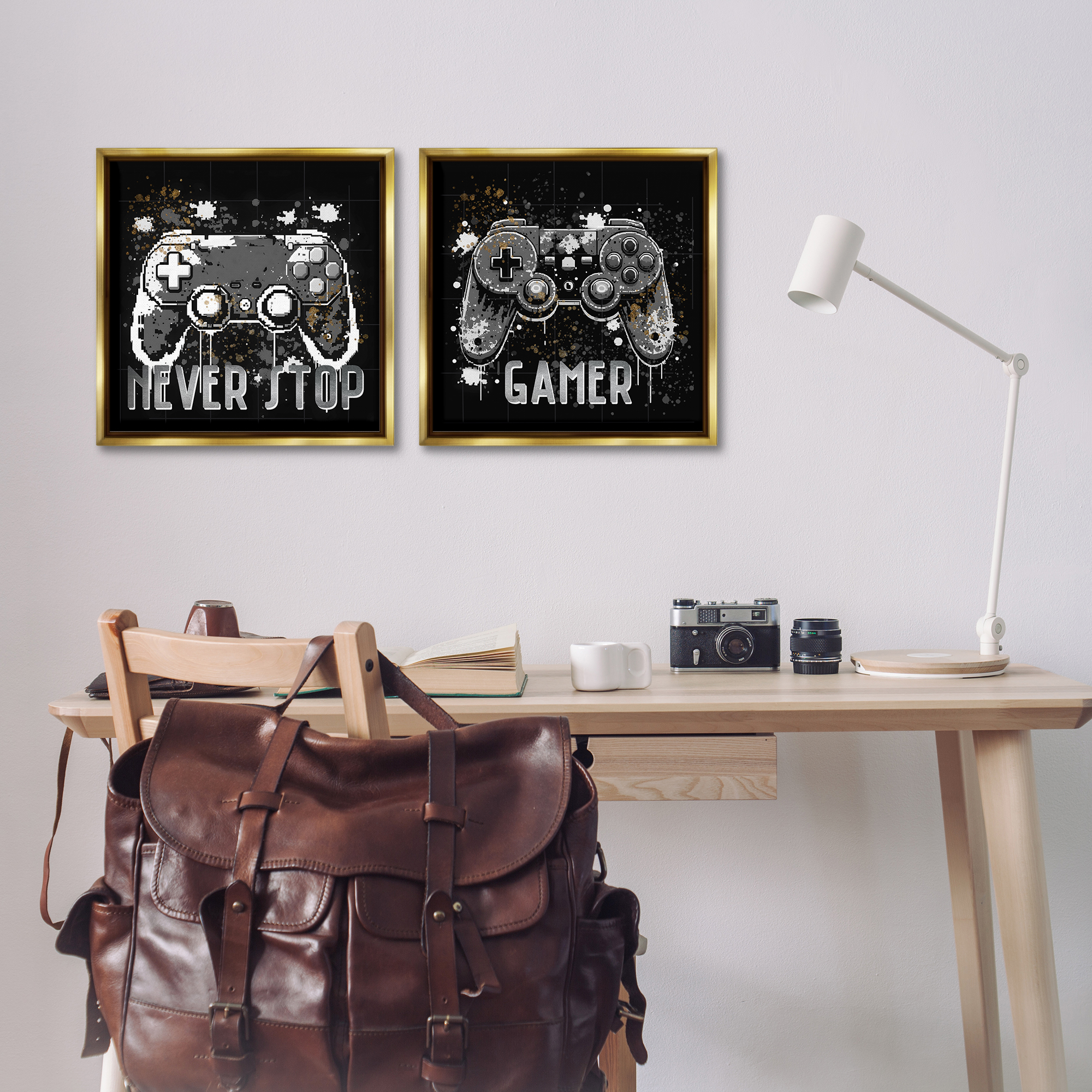 Stupell Industries Never Stop Modern Gamer Entertainment Painting Gold Floater Framed Canvas Art Print Wall Art, 18 x 18, Set of 2