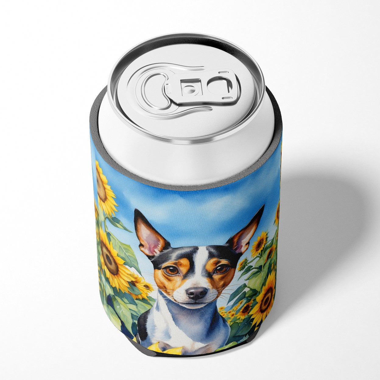 Rat Terrier in Sunflowers Can or Bottle Hugger 3 in x 5 in