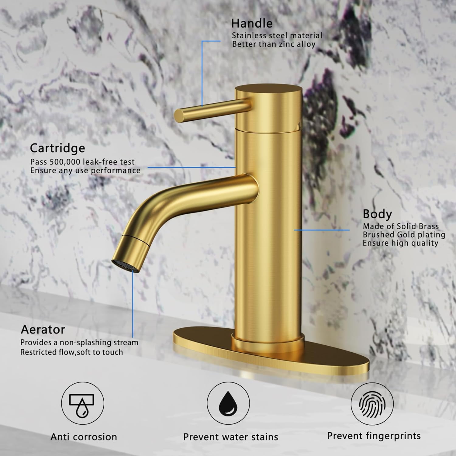 Brushed Gold Bathroom Faucet Modern Single Handle Bathroom Sink Faucet Single Hole Lavatory Vanity Faucet with Pop-up Drain and Water Supply Lines