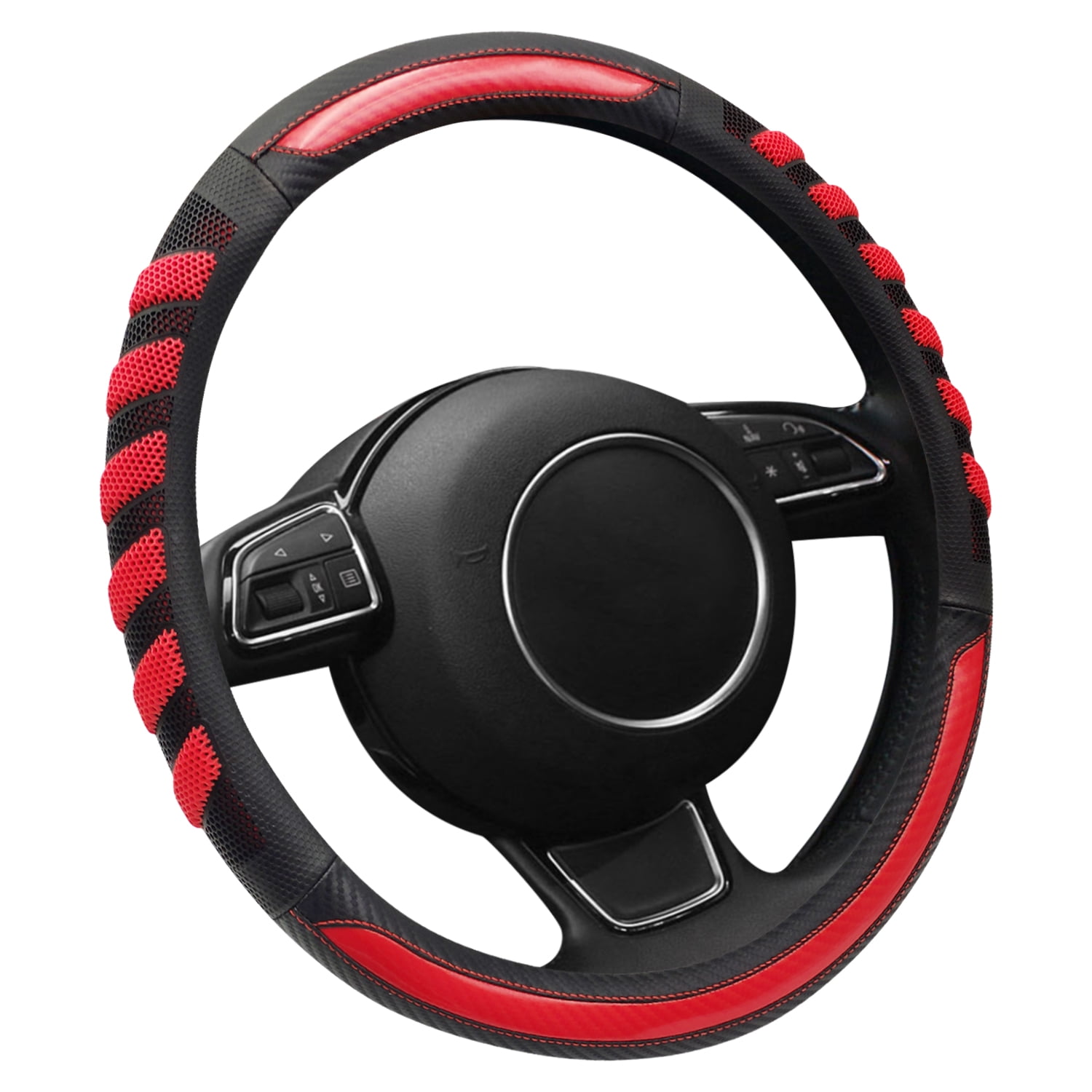 NICEASY Sport Style Dark Red Leather Steering Wheel Cover,Black Sport Grip Steering Wheel Cover