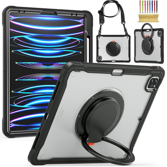 Silicone Case for iPad Pro 11 2022/2021/2020/2018, Heavy Duty 360° Ring Stand with Shoulder Strap Pen Holder Translucent Hard PC Back Case Cover for iPad Air 4/Air 5, Black