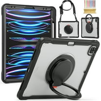 Silicone Case for iPad Air 11 Inch 2024, Heavy Duty 360° Ring Stand with Shoulder Strap Pen Holder Translucent Hard PC Back Case Cover for iPad Pro 11 2022/2021/2020/2018/Air 4/Air 5, Black