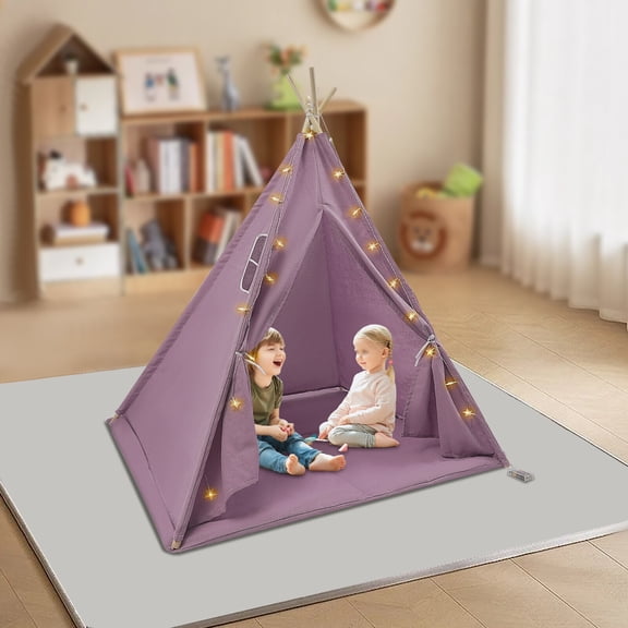 Kids Play Tent for Girls Boys, Indoor & Outdoor Princess Castle with Star Lights & Mat, Foldable Cotton Linen Teepee House for Reading, Play, Nap, Gift (Purple, 47.2"x47.2"x55.1")