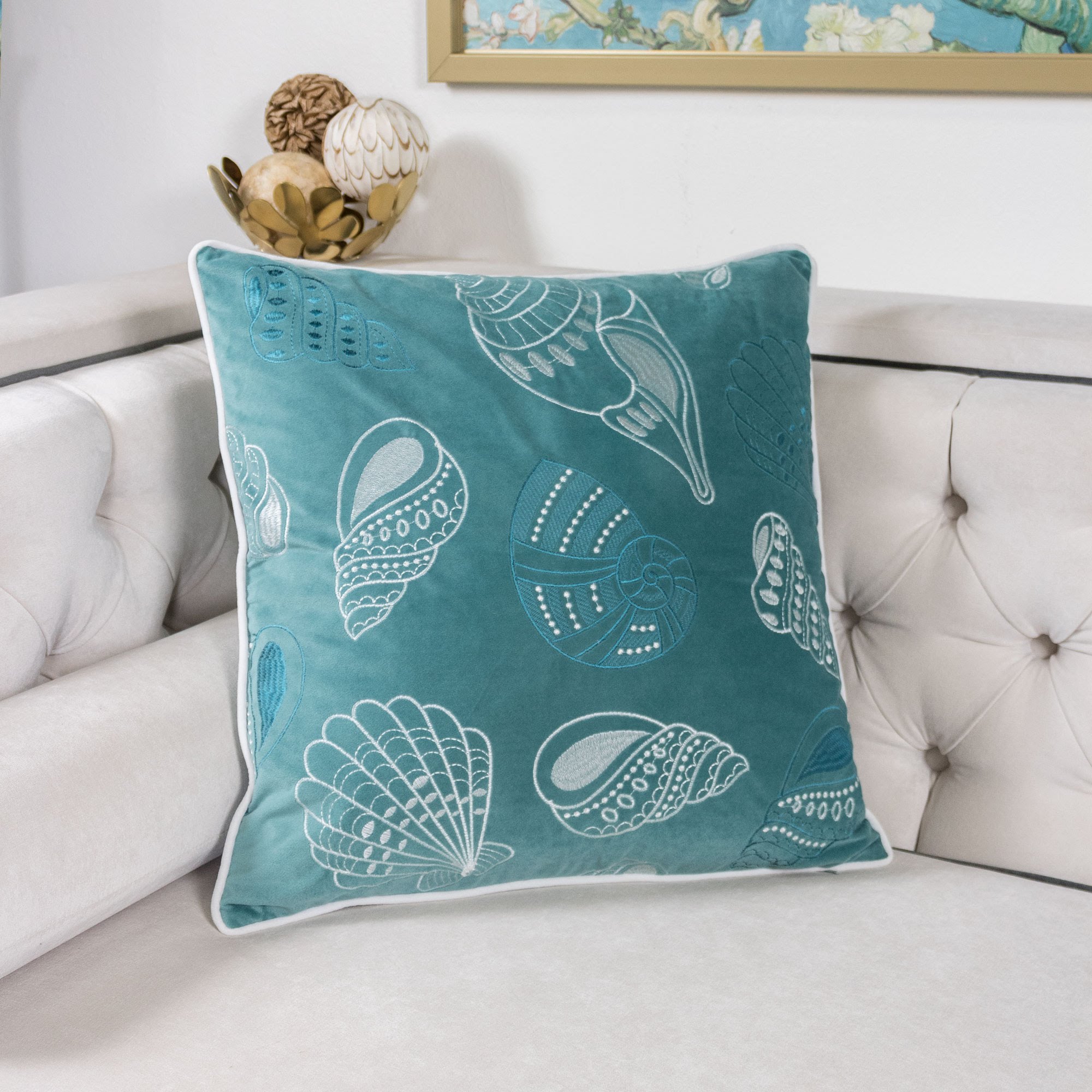 Seashell Teal Abstract Polyester 20 in. x 20 in. Throw Pillow