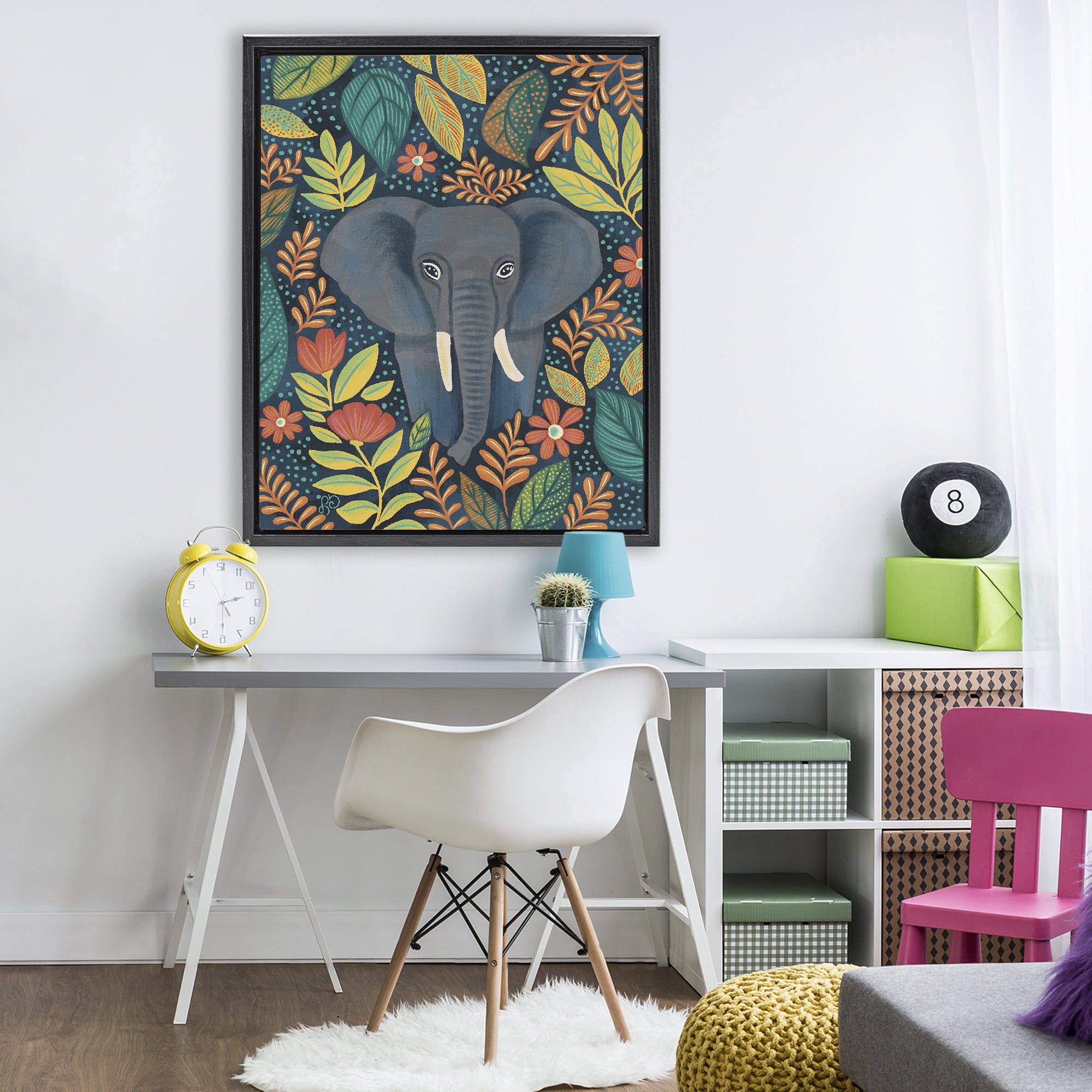 Stupell Industries Exotic Leaf Pattern Elephant Black Framed Floater Canvas Wall Art, design by Lisa R Dumm