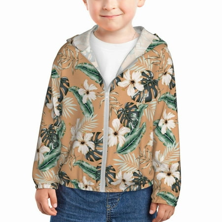 

Rash Guard for Boys Girls - Flower Leaves Lightweight Long Sleeve Sun Protection Jacket Hooded Cooling Swim Shirt with Zipper for Toddler Kids Children