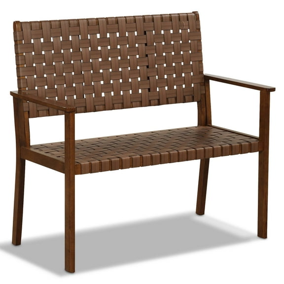 Costway Patio Loveseat All Weather Bench with Solid Rubber Wood Frame&Hand Woven PU Leather