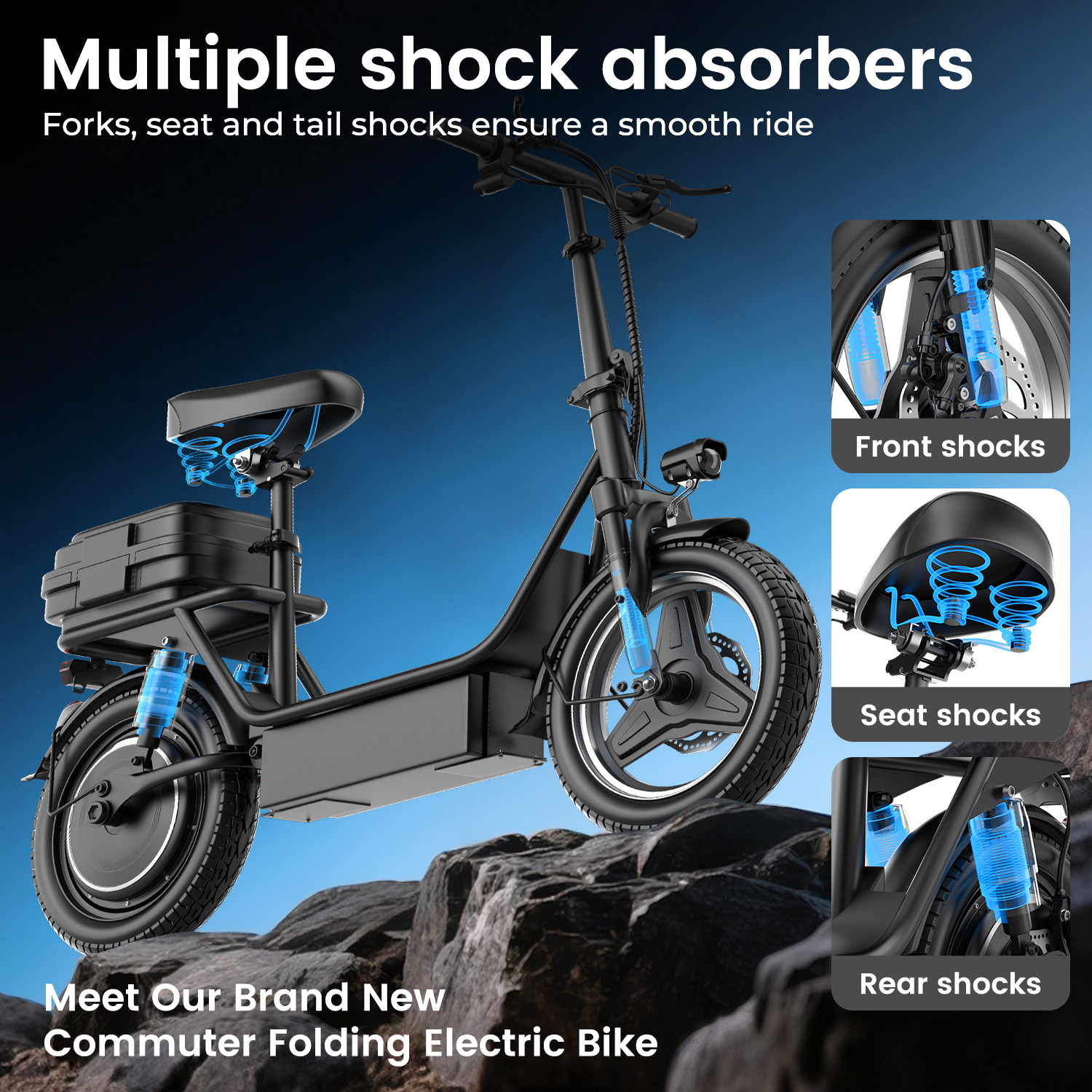 Electric Scooter with Seat, Peak 1200W, 25 MPH and 45 Miles, 14" Tire,48V 16.5AH 500Wh Battery Dual Shock Absorbing Scooter with Basket Box,E Scooter for Adults Commuter & Urban Travel