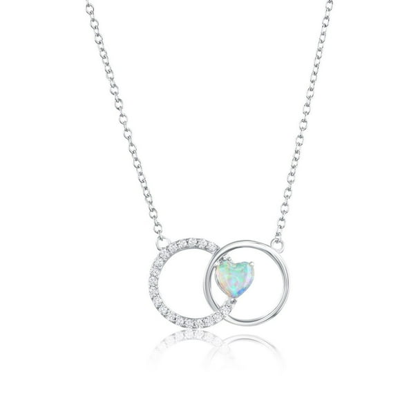 Beaux Bijoux Sterling Silver Created Opal Necklace - Opal Heart & Simulated Diamond CZ 18" Double Circle Pendant Necklace