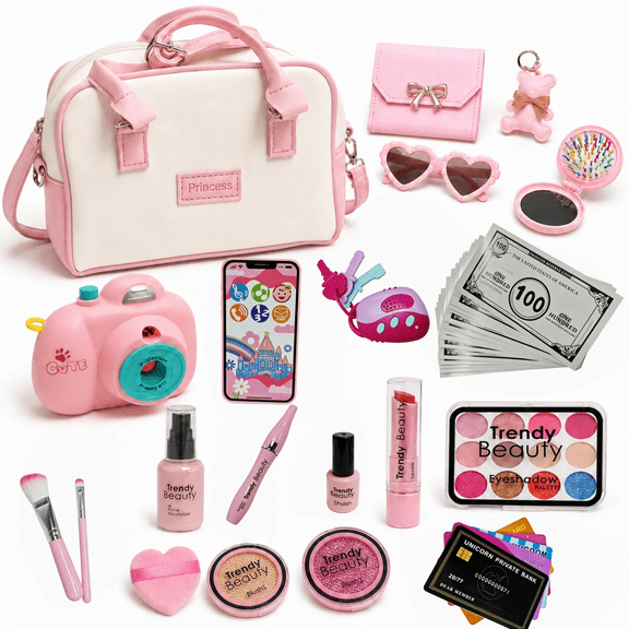 ZIOBLW 38Pcs Girls Pretend Play Purse Set, Princess Handbag with Toy Phone, Wallet, Makeup Accessories, Sunglasses, Keys, Money and Cards
