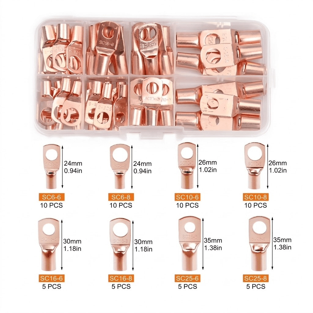 60-Piece SC Tinned Copper Lug Kit, Heavy Duty Ring Terminal Connectors for Bare Cable, 8 Sizes Assorted Electrical Crimp Terminals for Automotive, Marine, and Battery Wiring