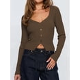 thumbnail image 2 of Women'S Long Sleeve Cardigan Open Front Knit Cropped Sweaters Fall V Neck Button Down Jacket Tops Coffee XL, 2 of 8