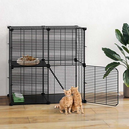 Uforic 28" 2-Tier Cat Cage - Metal Playpen and Indoor DIY Enclosure for 1-2 Cats and Ferrets, Black