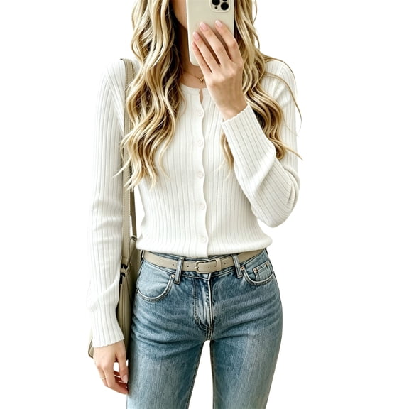 Sewkxo Womens Button Down Cardigan Long Sleeve Casual Crewneck Knit Cardigans Sweater Tops,White XL