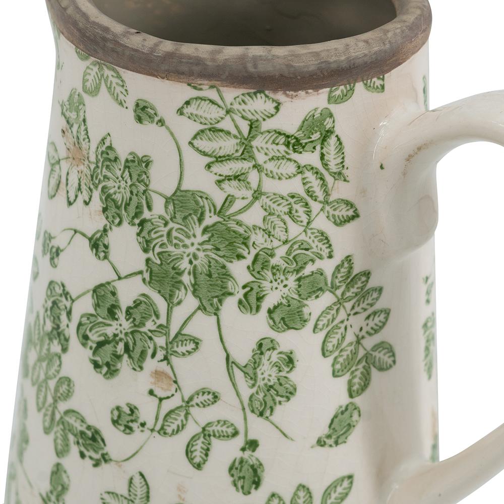 A&B Home White Ceramic Pitcher with Green Floral Motif 6.3" x 4.5" x 7.1"