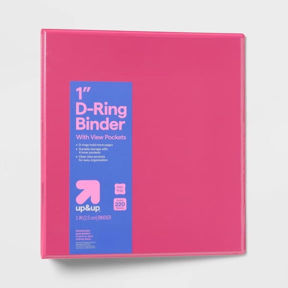 1" Pink Clear View 3 Ring D Ring Binder, Polypropylene & Metal, 4 Internal Pockets, Holds 220 Sheets, School Office Supplies