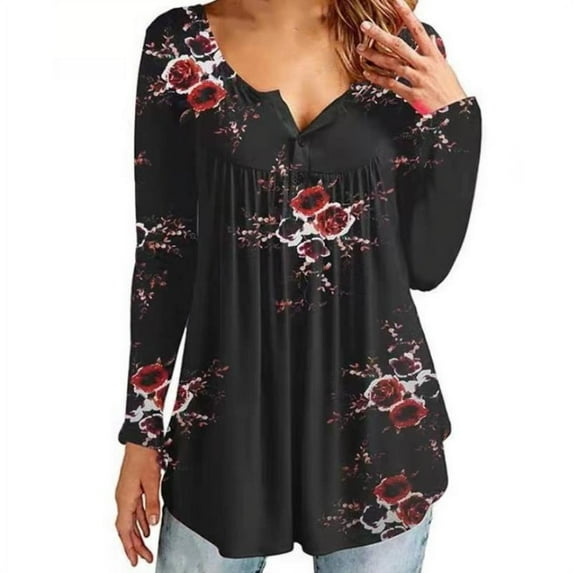 Askfv Women's Plus Size V Neck Tops Long Sleeve Swing Tunic Shirt Flowy Henley Casual Blouse Tops