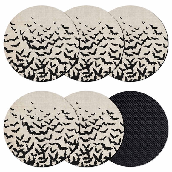 Halloween Coasters Set of 6, Absorbent Coasters for Drinks, Beige Rustic Horror Bat Spooky Halloween Coaster for Desk Coffee Table Protection, Home Decor House Warming Gifts 4"